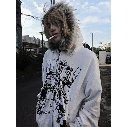 American Vintage Black Faux Fur Sweatshirts Women Letter Printed Subculture Coats with Hooded Female Gothic Harajuku Jackets Y2k