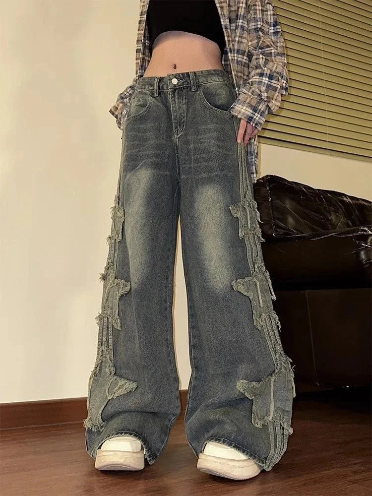 2024 New Vintage Jeans Women's Loose-Fit Wide-Leg Denim Pants Distressed Star-Printed Back Pocket Cotton Fabric Leggings