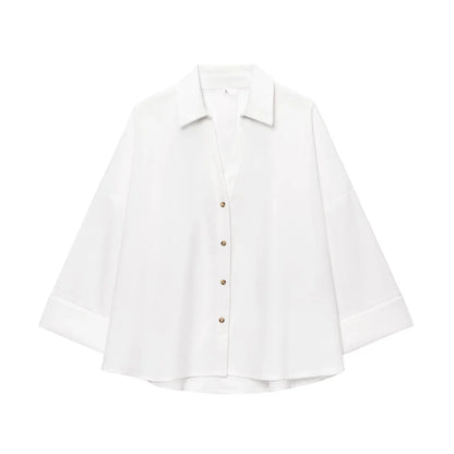 2025  AZRAF Women Summer Fashion New Blended Wide Sleeve Shirt Unique V-neck Joker Button Loose Top Blouses Mujer